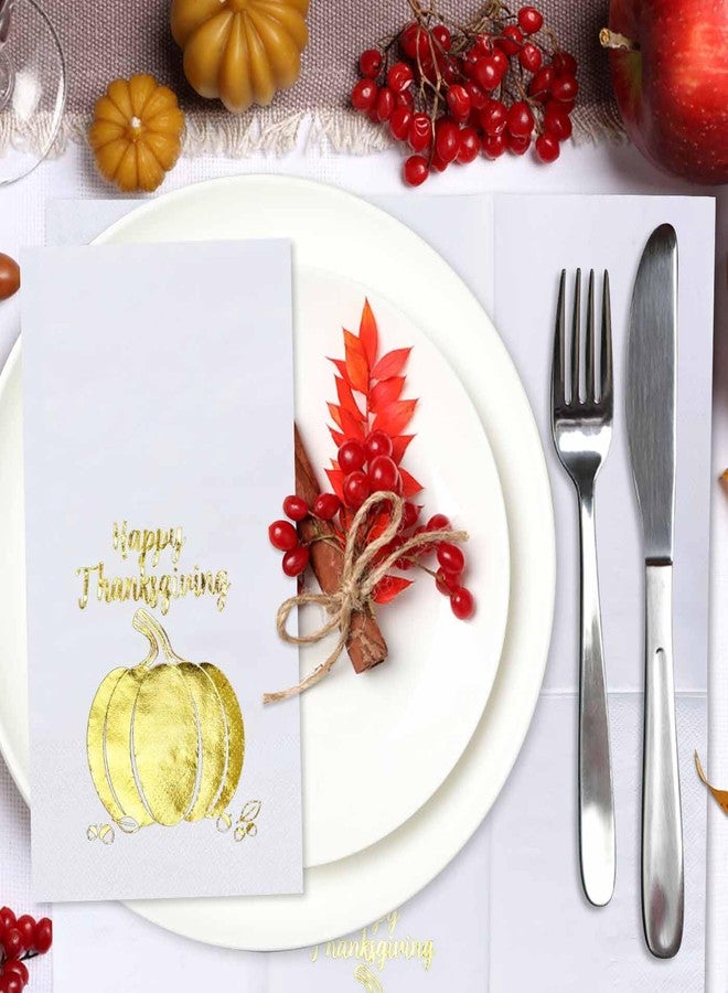 HEIPINIUYE 25 Pieces Happy Thanksgiving Paper Napkins with Gold Foil 3-ply White and Gold Pumpkin Guest Towels Disposable Hand Towels for Bathroom Birthday Fall Thanksgiving Party Dinner Napkins - Image 5